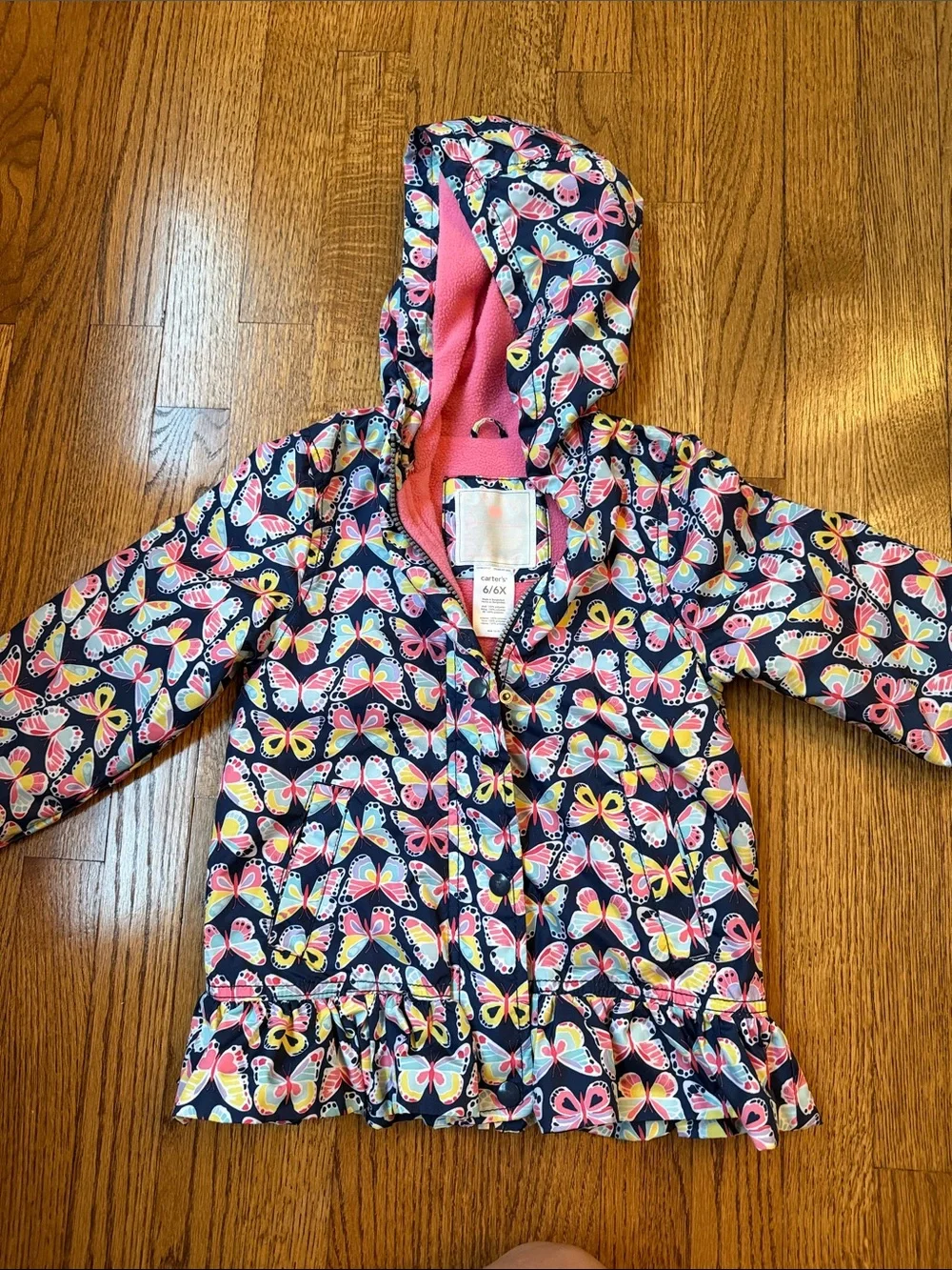 Kids Butterfly Print Hooded Rain Jacket - Pink & Navy. Pink fleece lined.